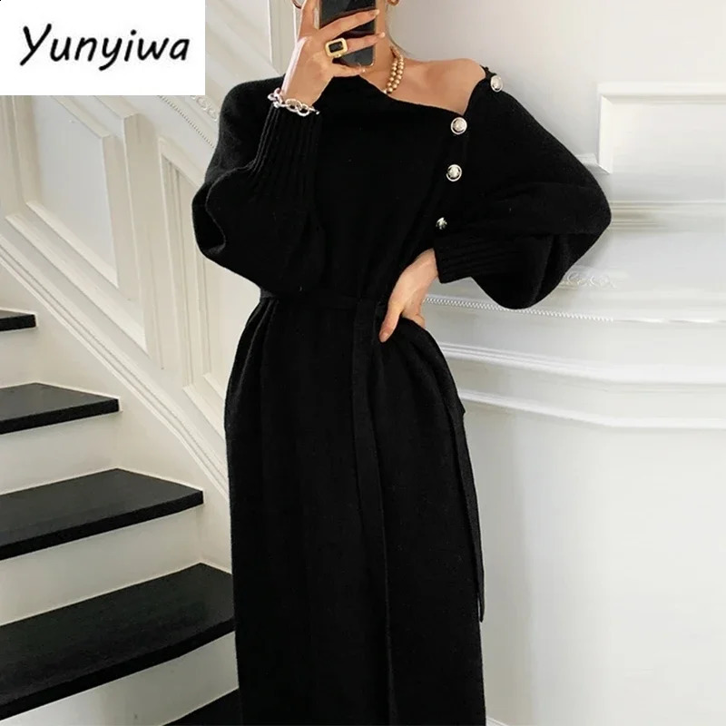 Winter Turtleneck Buttons Women Knitted Dress Elegant Full Sleeve Laceup Female Thicken Long for Sweater Autumn 241218