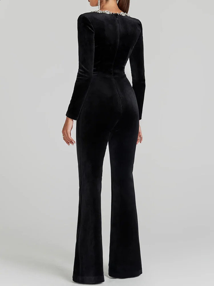 Women Spring Holiday Slim Fit Long Sleeve Velvet Jumpsuits Solid Square Collar Elegant Flare Pants Casual Ladies Playsuits 241224