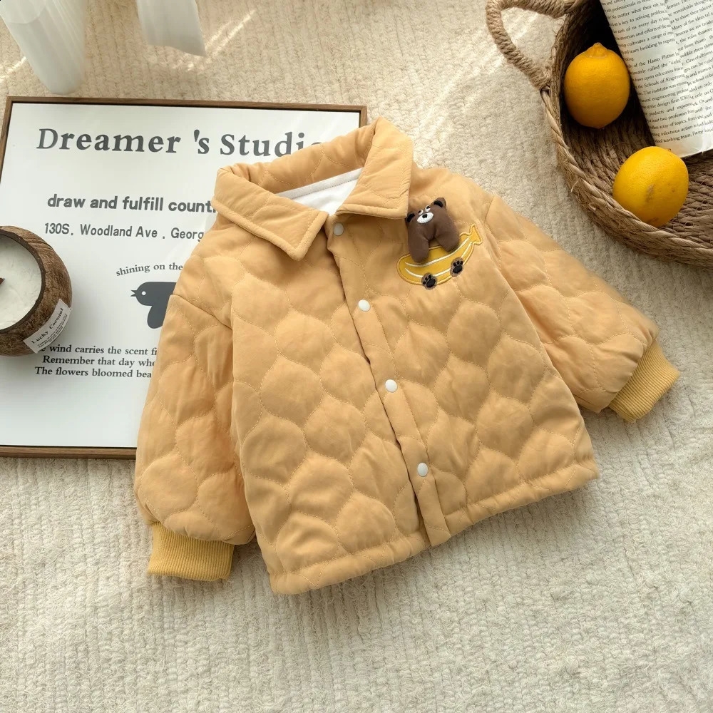 Winter Ins Korean Toddler Boys Parkas Cotton Quilted Thickened Cartoon Bear Solid Baby Boys Coat Infant Boys Jacket 241223