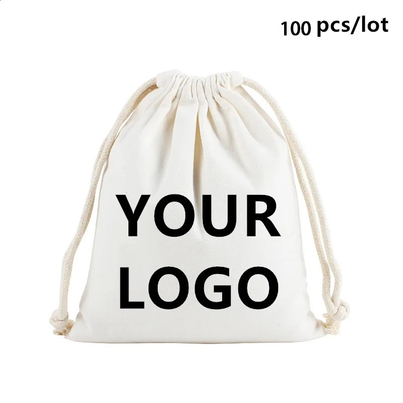 Wholesale 100pcslot Custom Printed Natural Cotton Drawstring Pouch Gift Package Bags Personalize Texts Plain Storage 241213