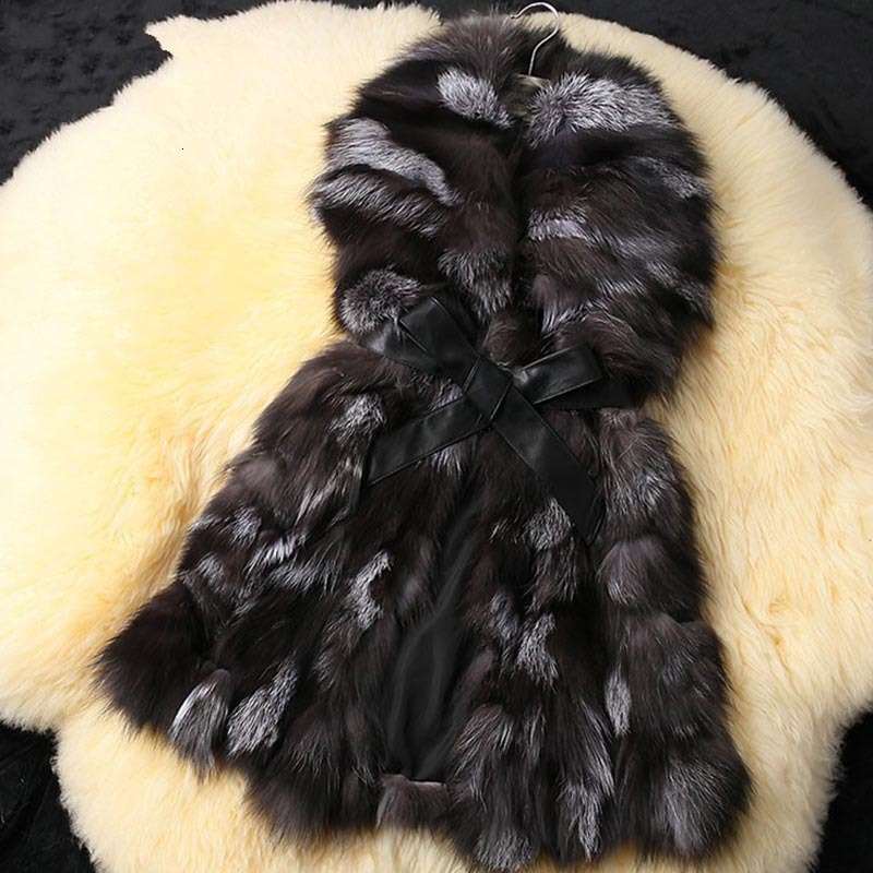 Women Real Fox Long Vest Fashion Ladies Winter Sleeveless Belt Design Thick Clothes Large Size Raccoon Fur Leather Jacketrea