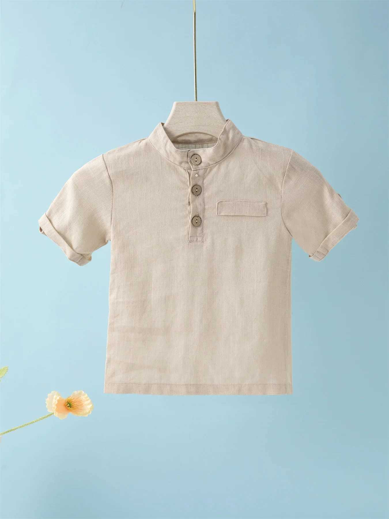 Short sleeved childrens polo shirt casual Mandarin collar solid color cotton linen blend thin summer W241223