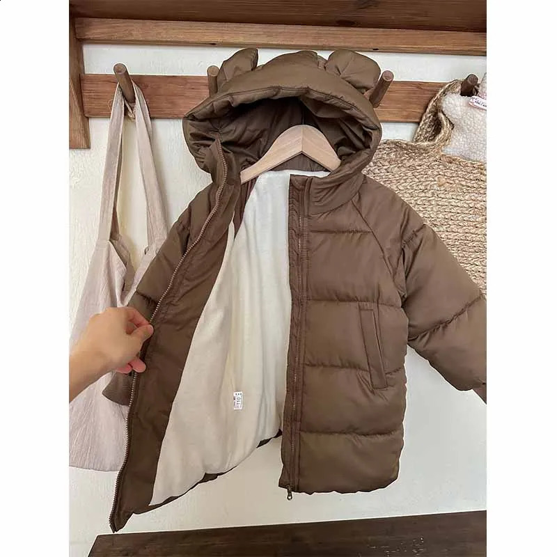 Girls Winter Coat Boys Padded Thickened Warm Long Outerwear Children Solid Color Hooded Clothes Jacket 2-8 Years Old 241223