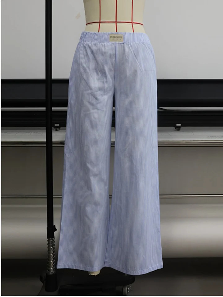Loose Elastic Waist Elastic Pants Women Cotton Stripe Printed Wide Leg Pants Summer Straight Leg Y2K Pants 241223