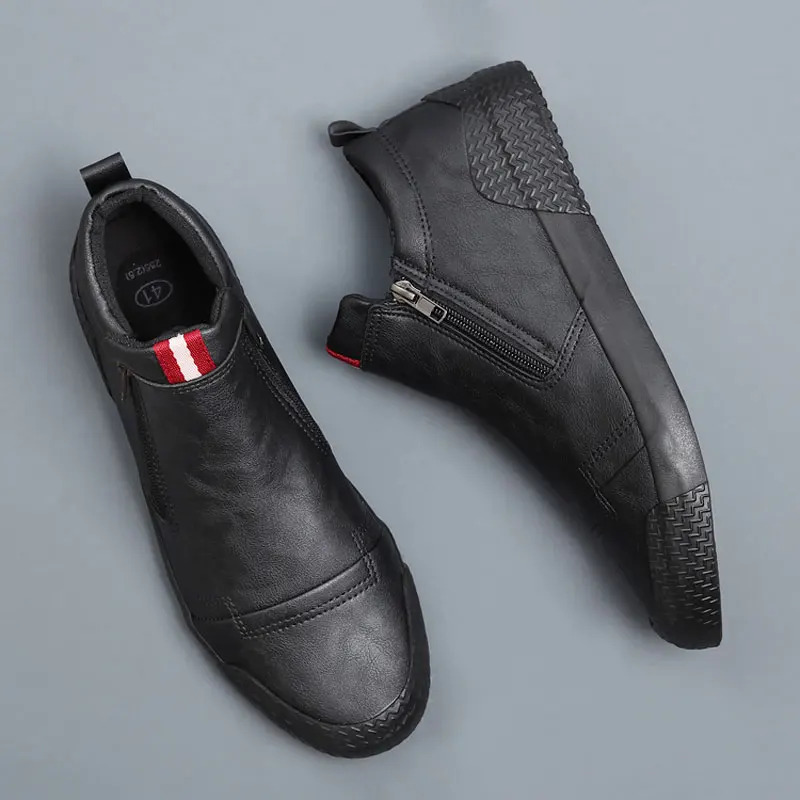 New Men Leather Casual Spring Autumn Fashion Double Zipper Trend High Tops Flat Shoes Cool Loafers Man Winter Boots
