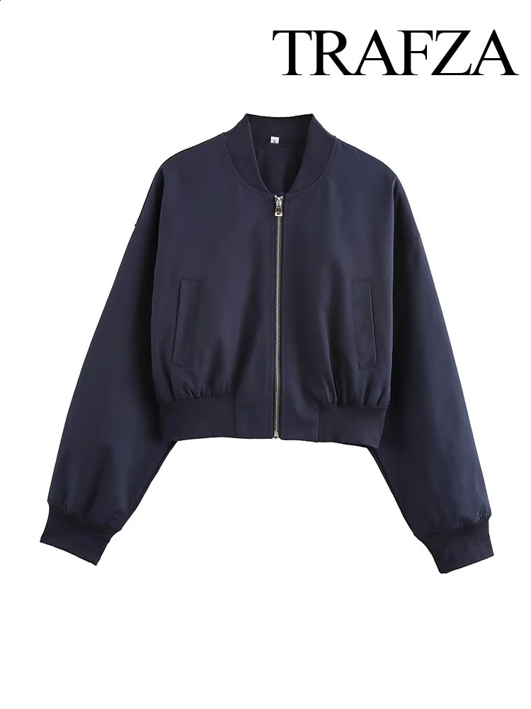 TRAFZA Womens Fashion Versatile Baseball Uniform Short Shoulder Jacket Female Front Zipper Pocket Long Sleeve Cropped Coat 241218