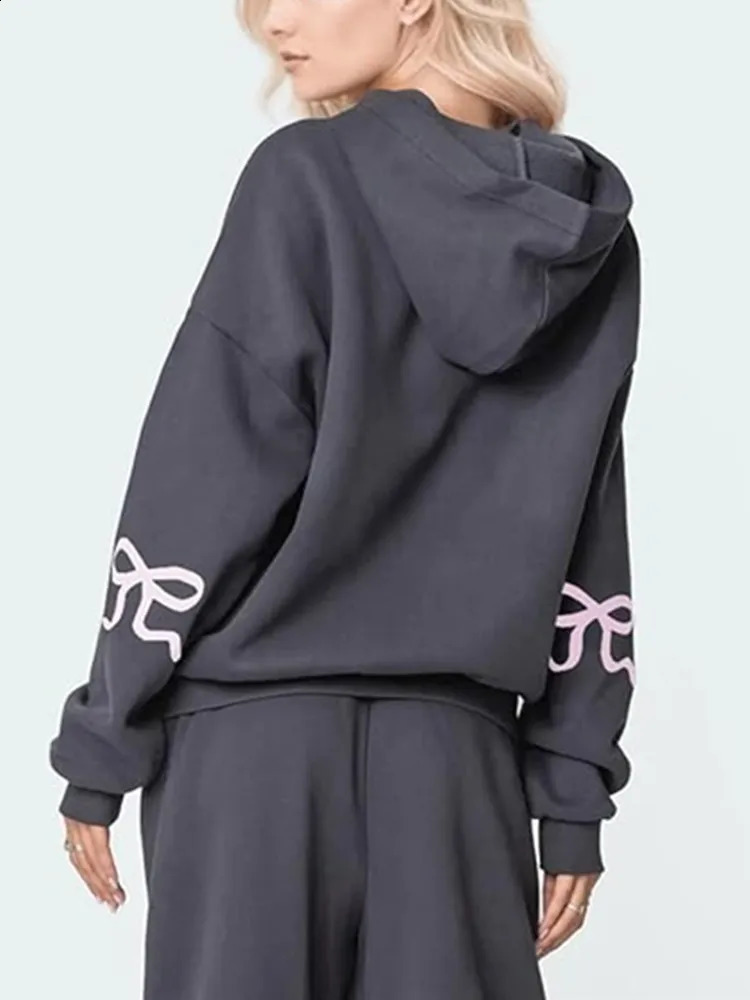 Yangelo Y2K Womens Oversized Bow Printed Hoodie Sweater Long Sleeve Zipper Hoodie Street Clothing Top 241224