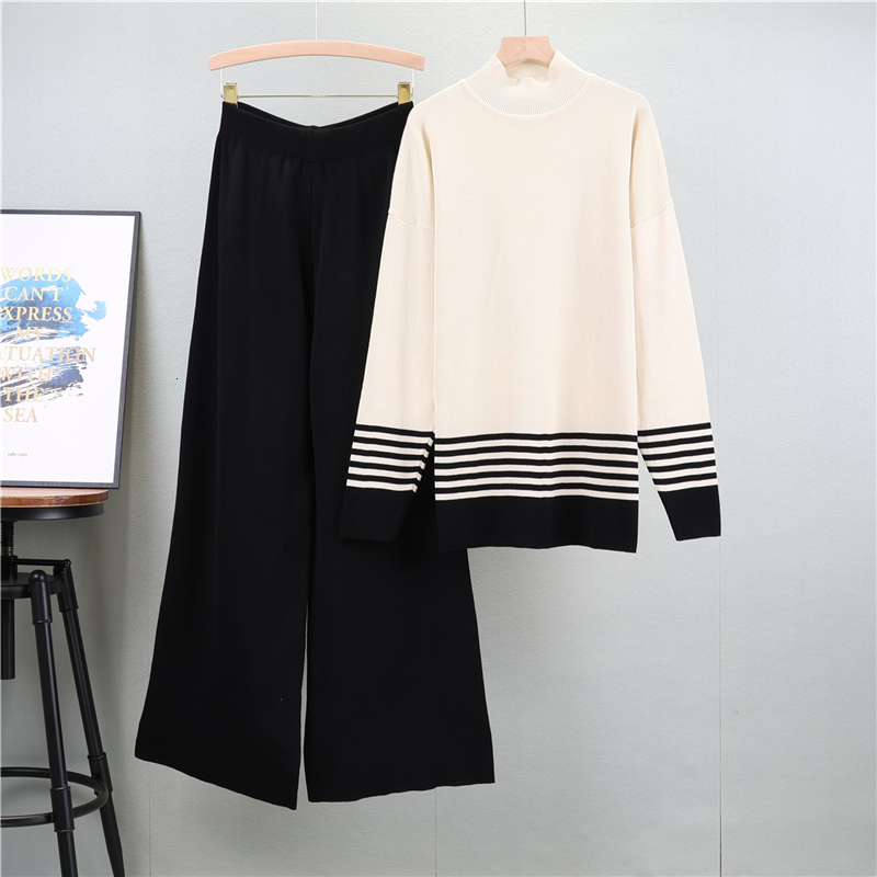 Women Pullovers Pant Set Casual Elastic Sweater Suits Color Contrast Knitted Loose Elegance Long Sleeve Tops Autumn Winter