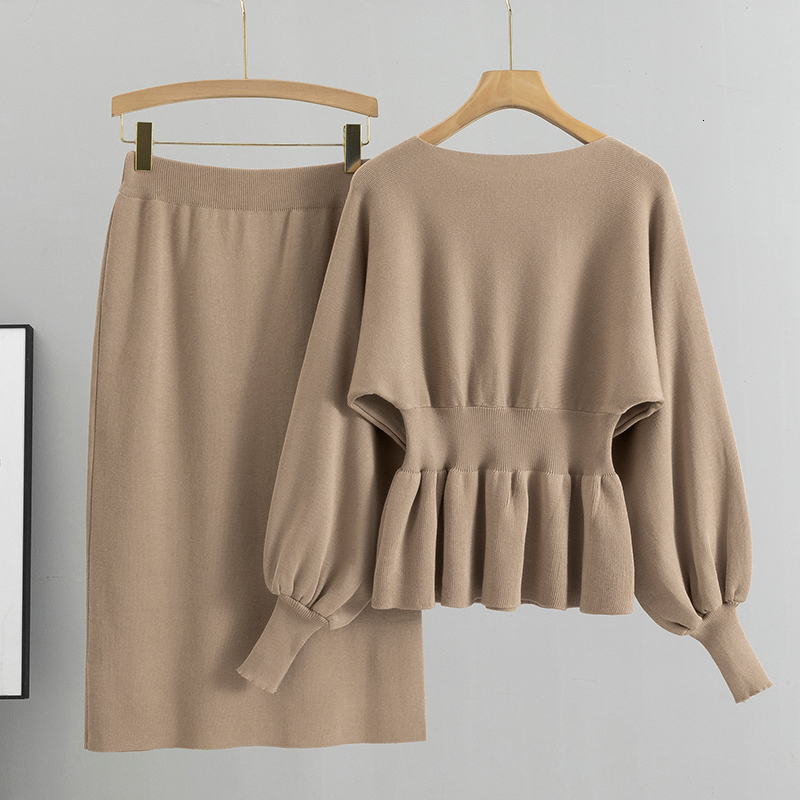 Autumn Elegant 2 Two Piece Set Women Lantern Long Sleeves Crop Tops Fashion Casual Pullover Sweater Sexy High Waist Skirts Sets
