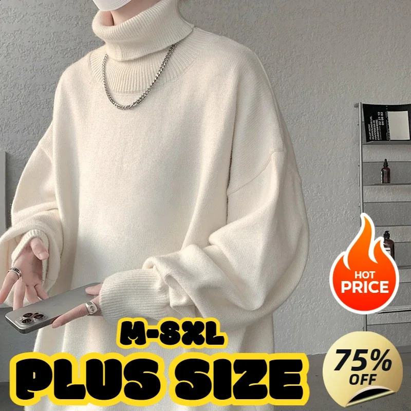Large mens turtle neck sweater with inert style white knit autumn trend cashmere latte 8XL 7XL 6XL 5XL 241223
