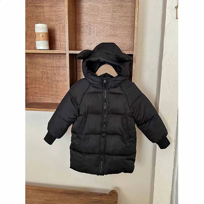 Girls Winter Coat Boys Padded Thickened Warm Long Outerwear Children Solid Color Hooded Clothes Jacket 2-8 Years Old 241223