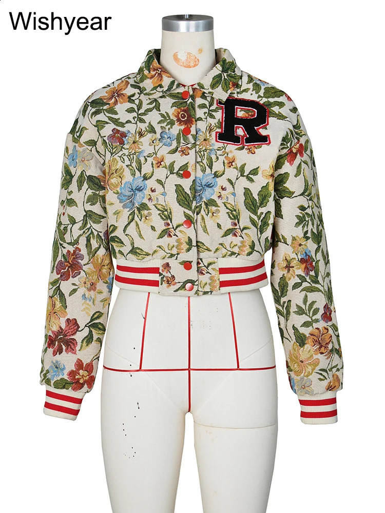 Harajuku Autumn Flower Print Coat Crop Tops Women Lapel Long Sleeve Button Baseball Jacket Winter Warm Outerwear Streetwear y2k 241218