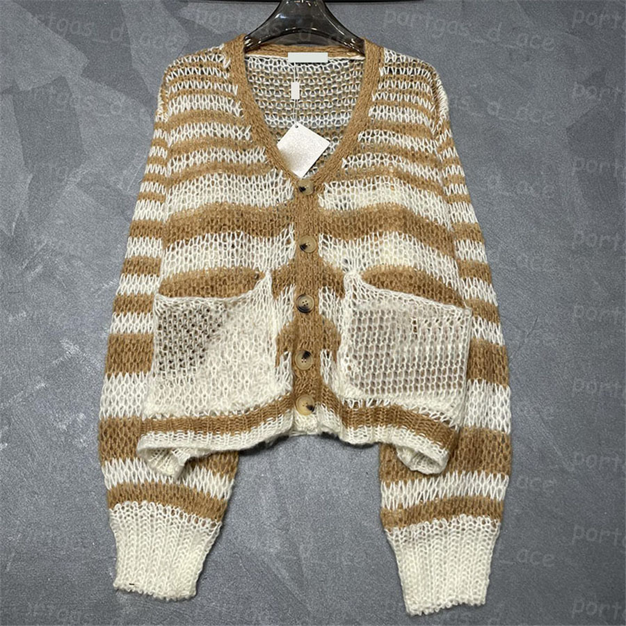 Designer Hollow Sweater Women T Shirt Contrast Color Striped Knitted Caidigan Letters Brand Summer Long Sleeve See Through Sweaters