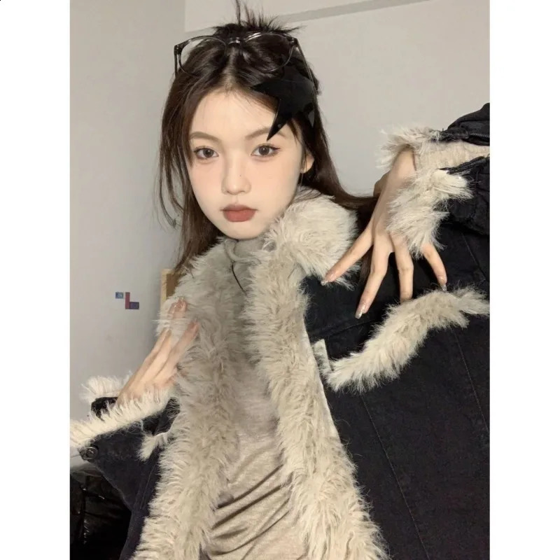 American retro fur collar black open collar denim jacket for womens autumn and winter plush thick fashion street casual jacket 241219