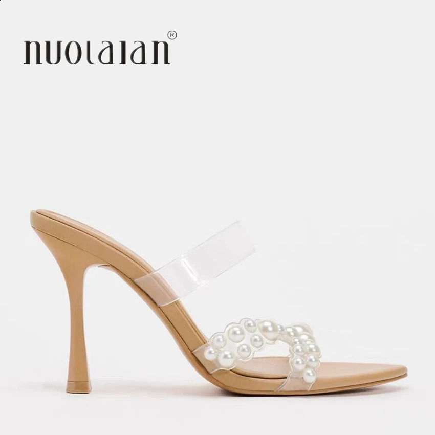 Summer Womens Pump Fashion High Quality Shoes Womens Pearl Stud Leather Toe High Heels Sandals 241223