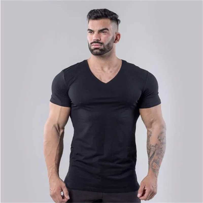 Cotton gym T-shirt mens summer fitness clothing V-neck short sleeved T-shirt slim fit T-shirt fitness training T-shirt top W241223