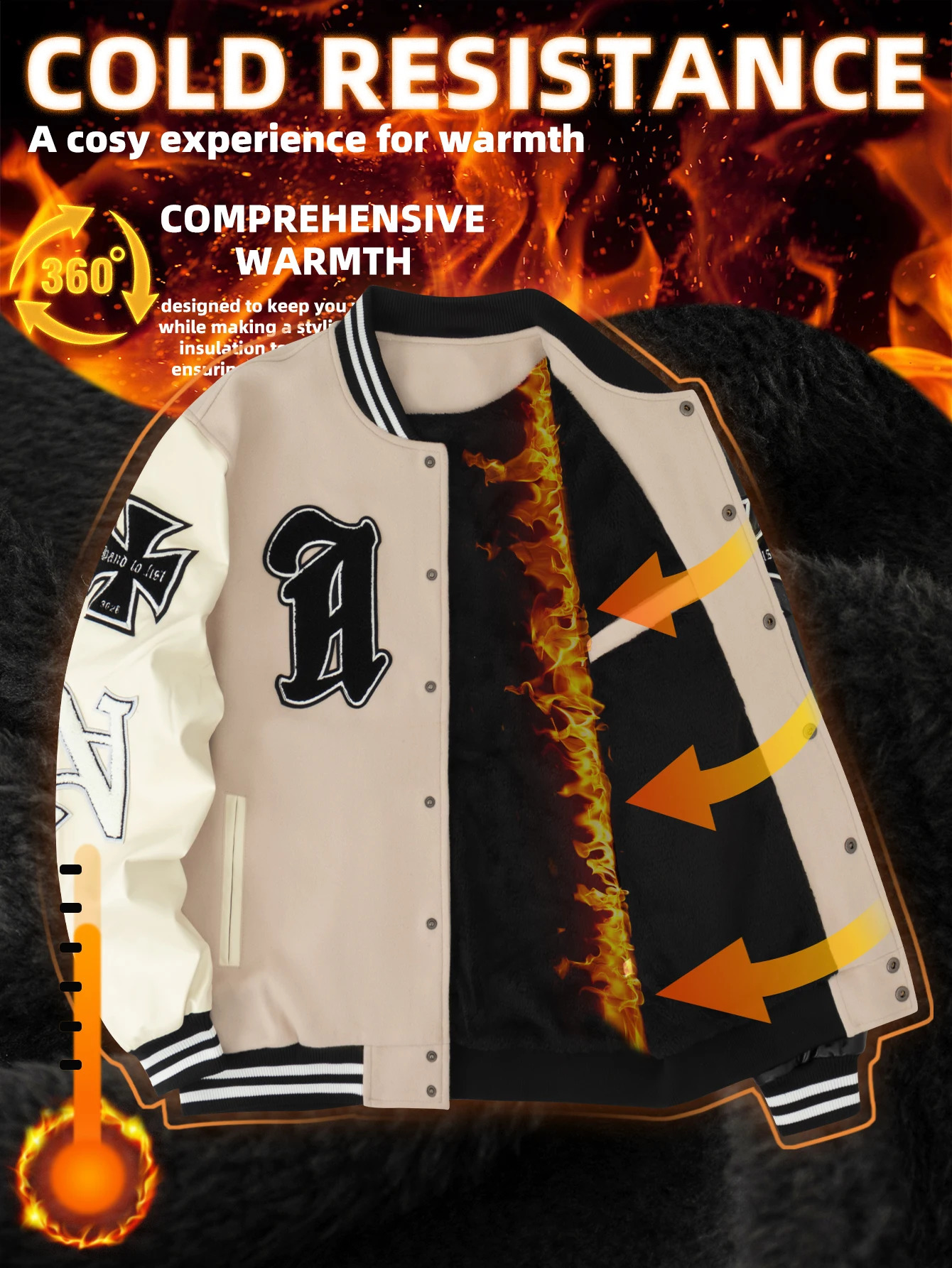 Mens Plush Inner Bomber Jackets Loose WoolLeather Varsity Baseball Coats Vintage Graphic y Jacket For Fall Winter 241224