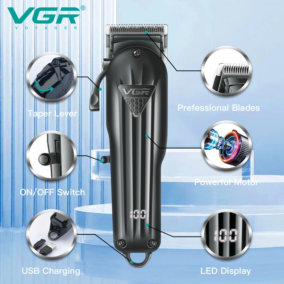 VGR Hair Clipper Professional Hair Cutting Machine Rechargeable Barber Hair Trimmer Cordless Haircut Clipper for Men V-282 V-982 241224