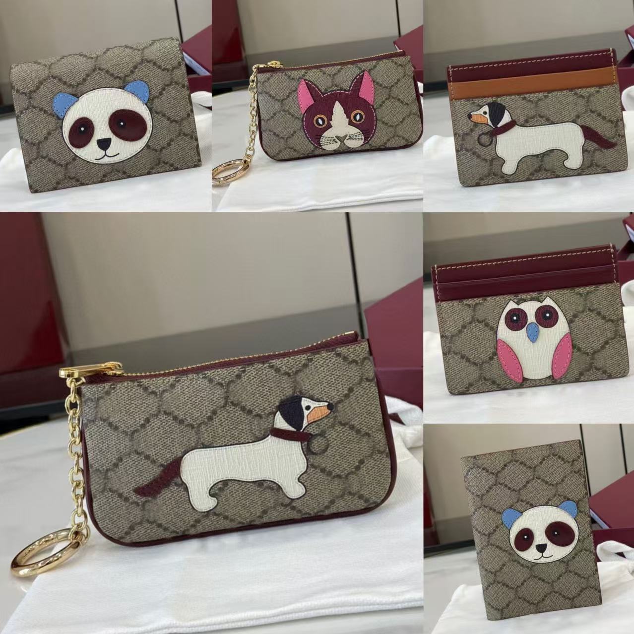 wallet bi color card case with dog detail luxury key case with cat detail key pouch coin purse woman designer Passport holder with panda detail top quality men wallets