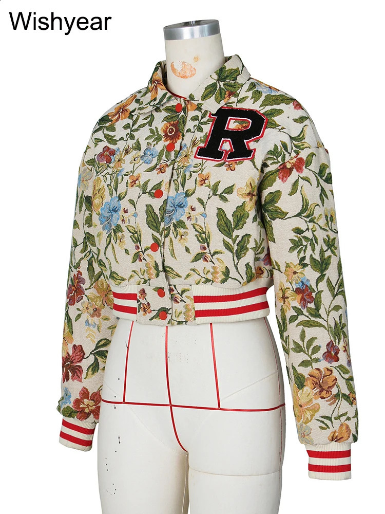Harajuku Autumn Flower Print Coat Crop Tops Women Lapel Long Sleeve Button Baseball Jacket Winter Warm Outerwear Streetwear y2k 241218