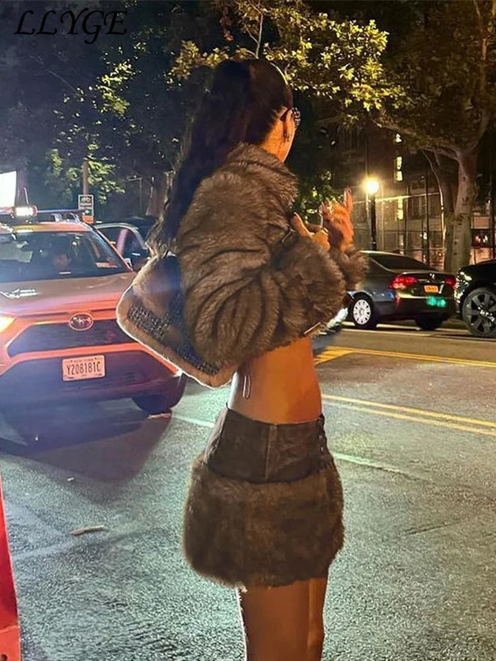 Sexy Crop Fur Coat Mini Skirt Sets Women Lapel Full Sleeve Coats Patchwork Leather Skirts Autumn Winter Lady Street Outfits 241220