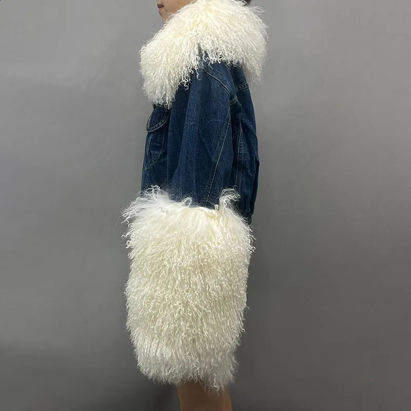 Arrivals Fluffly Real Mongolian Fur Denim Jacket Women Big Collar Natural Fur Coat Lady Fashion Denim Coat S5595B 241220