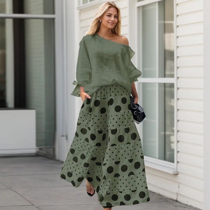 Fashion High Street Outfits Casual Diagonal Neck Hollow Top with Wide Leg Pants Sets Dot Prints Multilayer Splice Female 241220