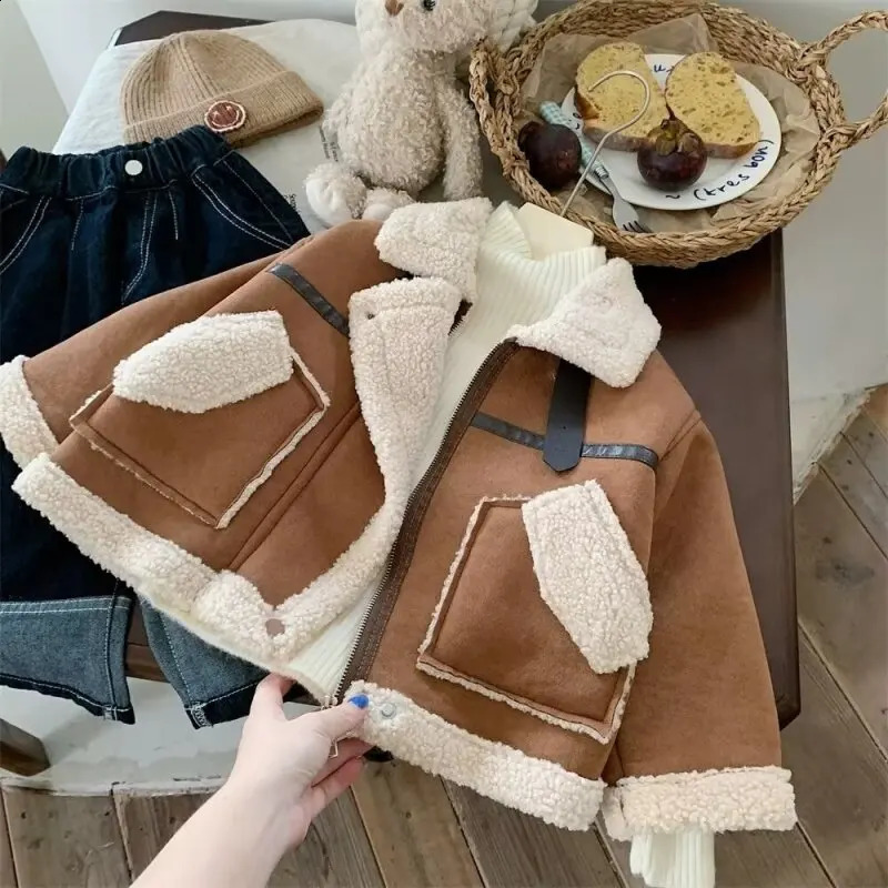Autumn and Winter Childrens Outerwear Thickened Lamb Wool Outerwear Casual and Cute Warm Girl Cotton Jacket 241223