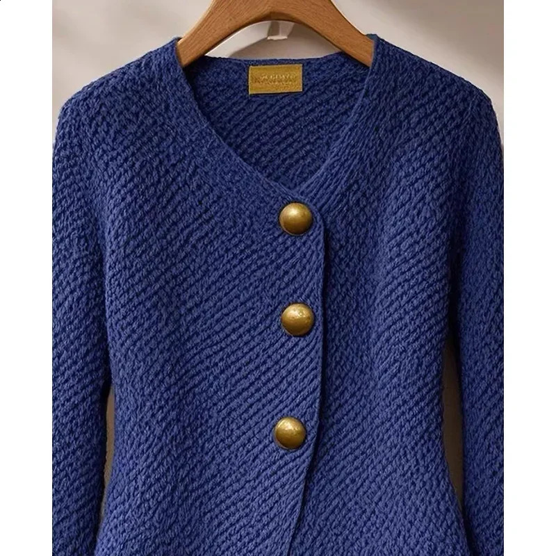 Autumn Winter Fashion Solid Chic Button Thick Knitter Cardigan Womens Clothing Elegant Wool Slim Vneck Commute Blue Sweaters 241220