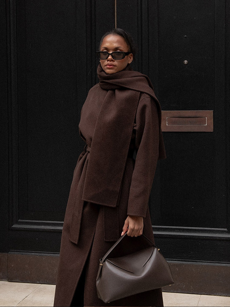 Vintage Brown Scarf Collar Women's Overcoat With Belt Fashion Long Sleeve Pockets Woolen Jacket Lady New Loose Streetwear