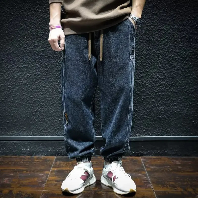 Spring Autumn Blue Bunded Feet Jeans Men Loose Fit Casual Wide Leg Cropped Pants Elastic Waist Drawstring 241223
