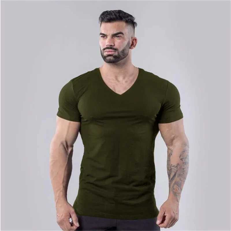 Cotton gym T-shirt mens summer fitness clothing V-neck short sleeved T-shirt slim fit T-shirt fitness training T-shirt top W241223