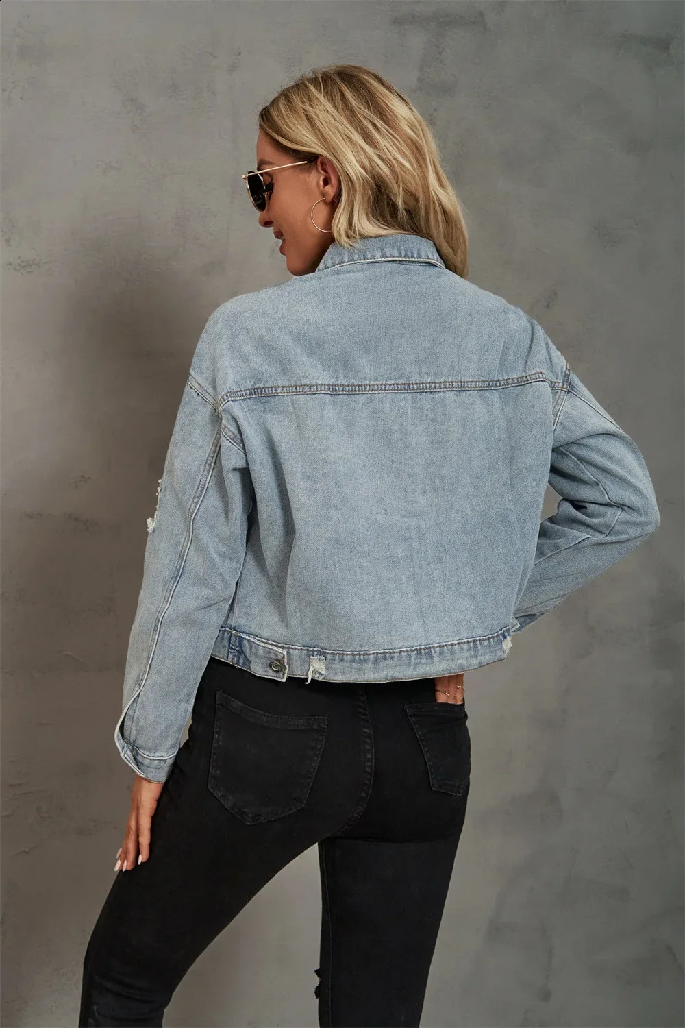 Fall Womens Ripped Leopard Print Short Denim Jacket Fashion Slim Long Sleeve Jeans Coat Street Clothing S-XL 241223