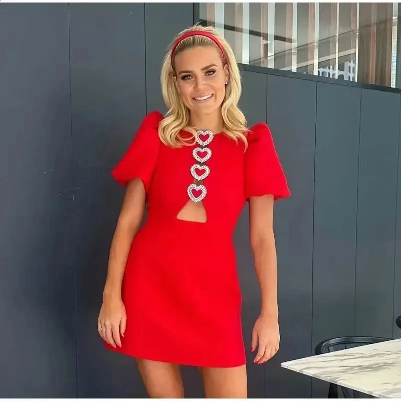 TRAF heart-shaped cut red mini dress womens summer bow black short sleeved womens puff dress elegant party dress 241223