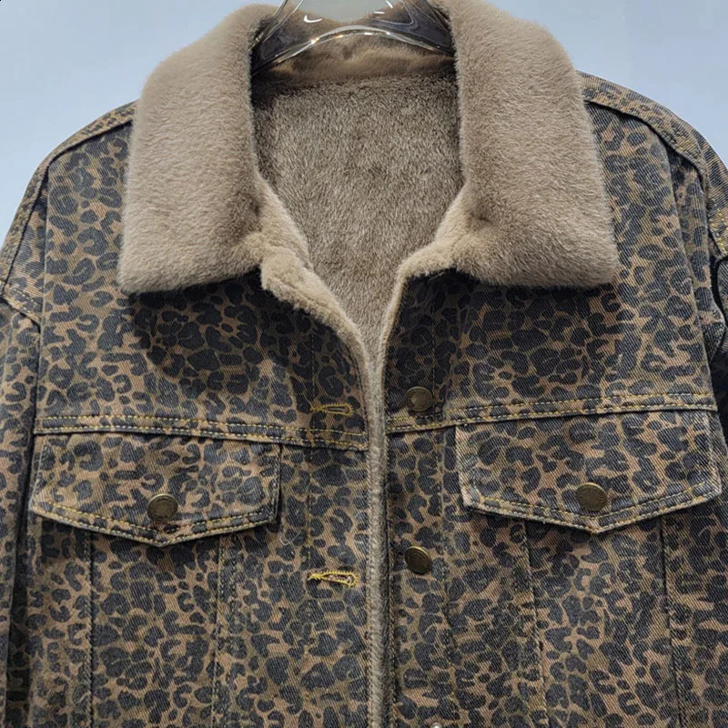DEAT Womens Denim Coat Plush Thick Leopard Printed Mink Fur Single Breasted Jackets 2025 Fashion Spring 11A01450 241223