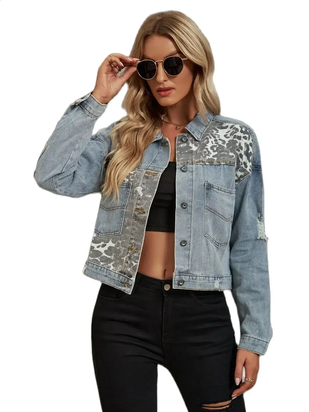 Fall Womens Ripped Leopard Print Short Denim Jacket Fashion Slim Long Sleeve Jeans Coat Street Clothing S-XL 241223