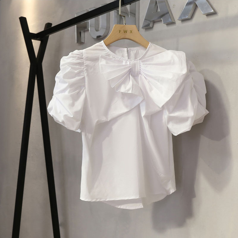 2024 New Fashionable and Stylish Solid Color Versatile Wrinkle Bow Split Bubble Sleeve Shirt Womens Top Trendy 241223