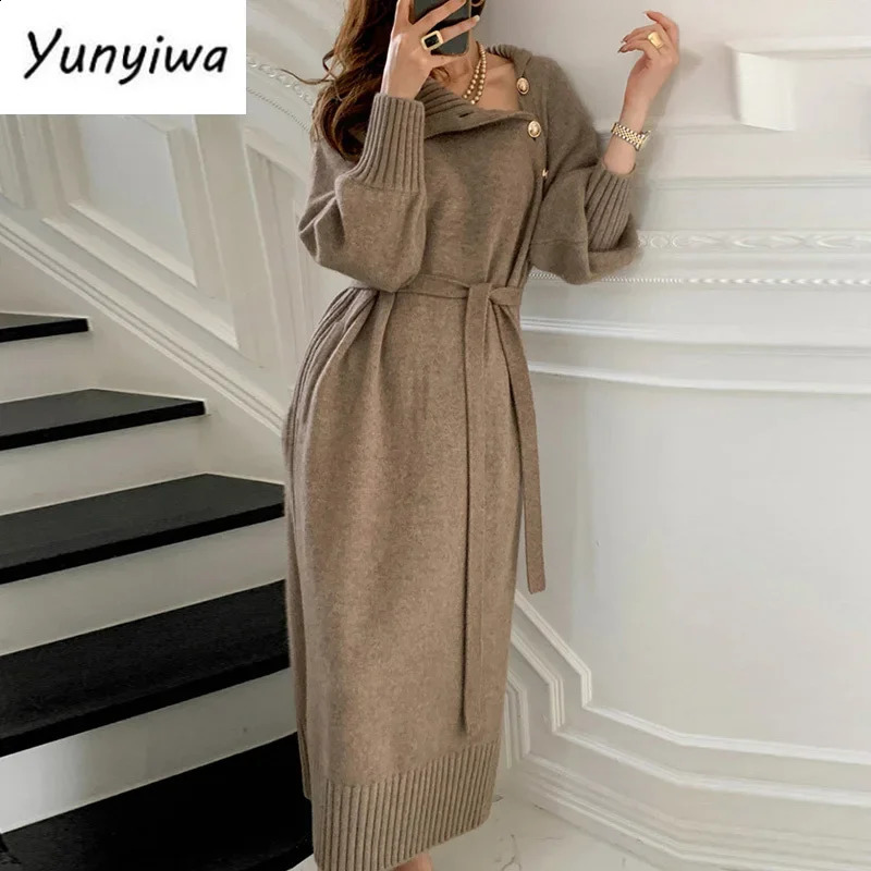 Winter Turtleneck Buttons Women Knitted Dress Elegant Full Sleeve Laceup Female Thicken Long for Sweater Autumn 241218