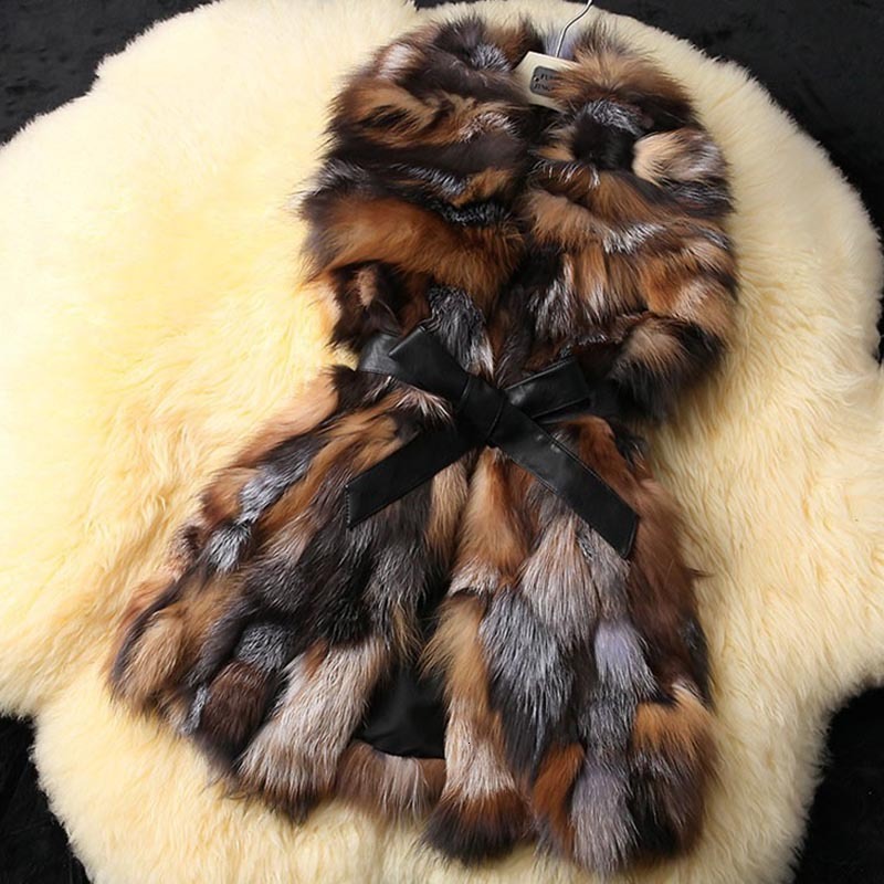 Women Real Fox Long Vest Fashion Ladies Winter Sleeveless Belt Design Thick Clothes Large Size Raccoon Fur Leather Jacketrea