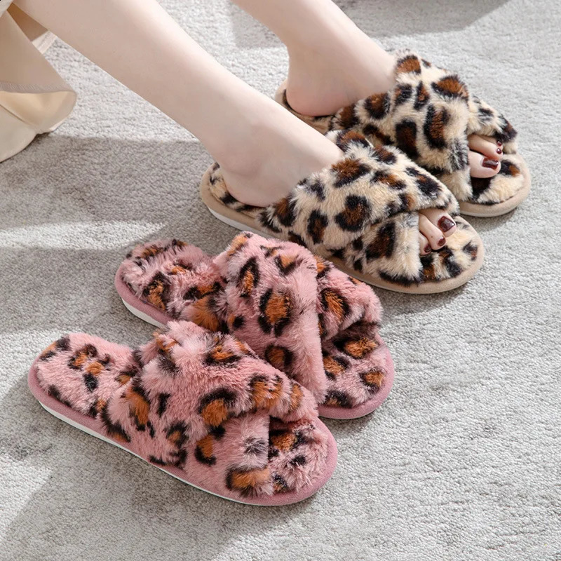 Leopard Print Cross Open Toe Autumn Winter Womens Fluffy Slippers Warm Home Comfortable Non-slip 241223