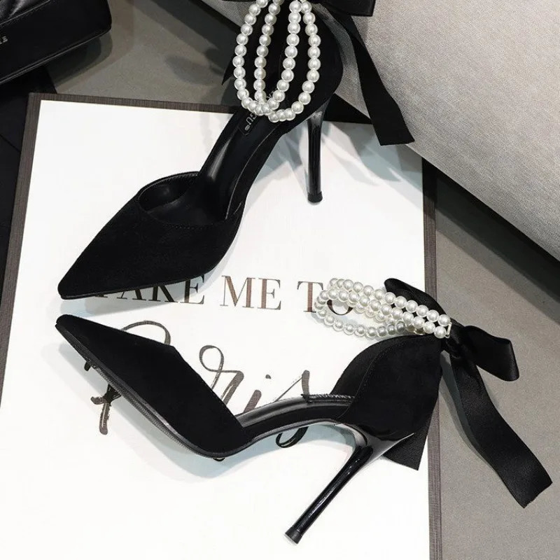 Black Womens Pump Summer Beaded Pearl Wedding Bridal High Heels Sexy Pointed Toe Party Dance Shoes 241223