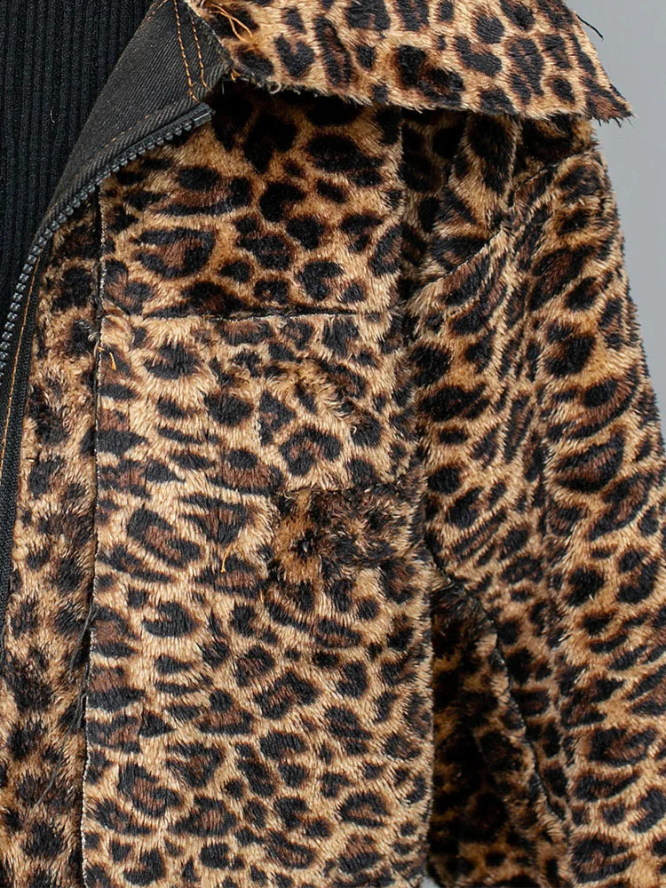 Personalized Trendy Denim Patchwork Leopard Print Double-sided Thick Jacket Women Winter LX2482 241223