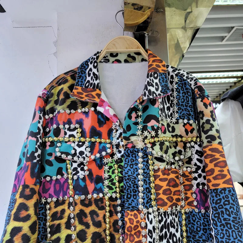 Heavy Work Rivet Beading Leopard Print Denim Jacket Women Short Cow Outerwear Loose Casual Long Sleeve Jeans Jackets Female 241223