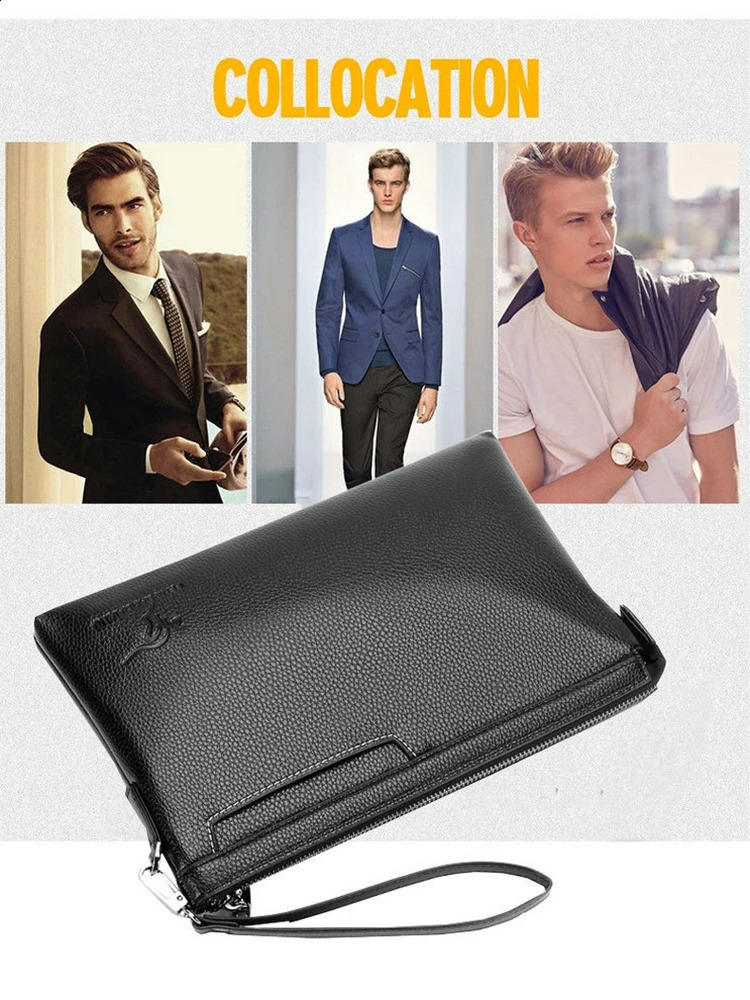 Clutch Handbag Men's PU Leather Fashion Envelope Bag Card Wallet Hot Phone Ipad Pouch Hand Porter Wrist Strap, Lightweight For Daily Use Strap,