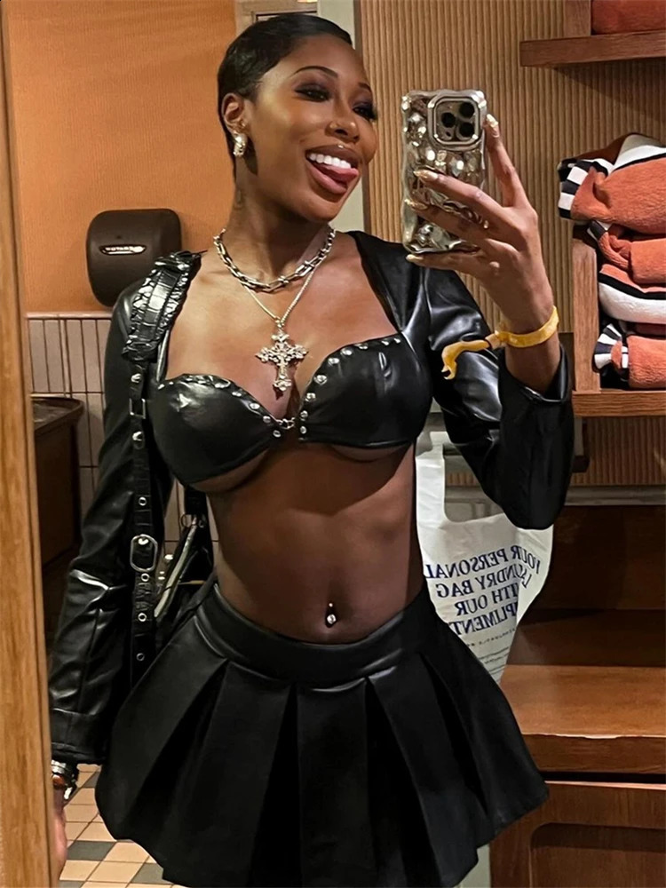 Habbris Spring Womens Black Faux Leather Crop Top Rock Rave Outfit 2025 Trendy Studded Long Sleeve Sweetheart Neck Racing Jacket 241218