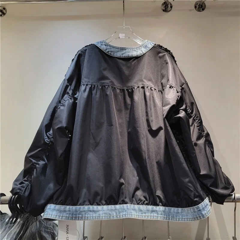 DEAT Womens Coat Patchwork Denim Pleated Flowers Sequins Gold Buttons Loose Elegant Jackets 2025 Spring Fashion 29L9418 241218