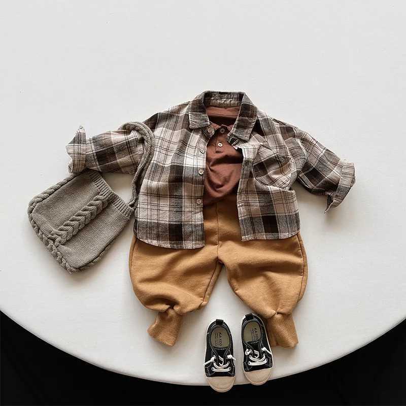 New Spring 2024 Childrens Baby Boys Casual Clothing Childrens Solid Color Polo Neck T-shirt Childrens Full Set Clothing 6M-6Y W241223