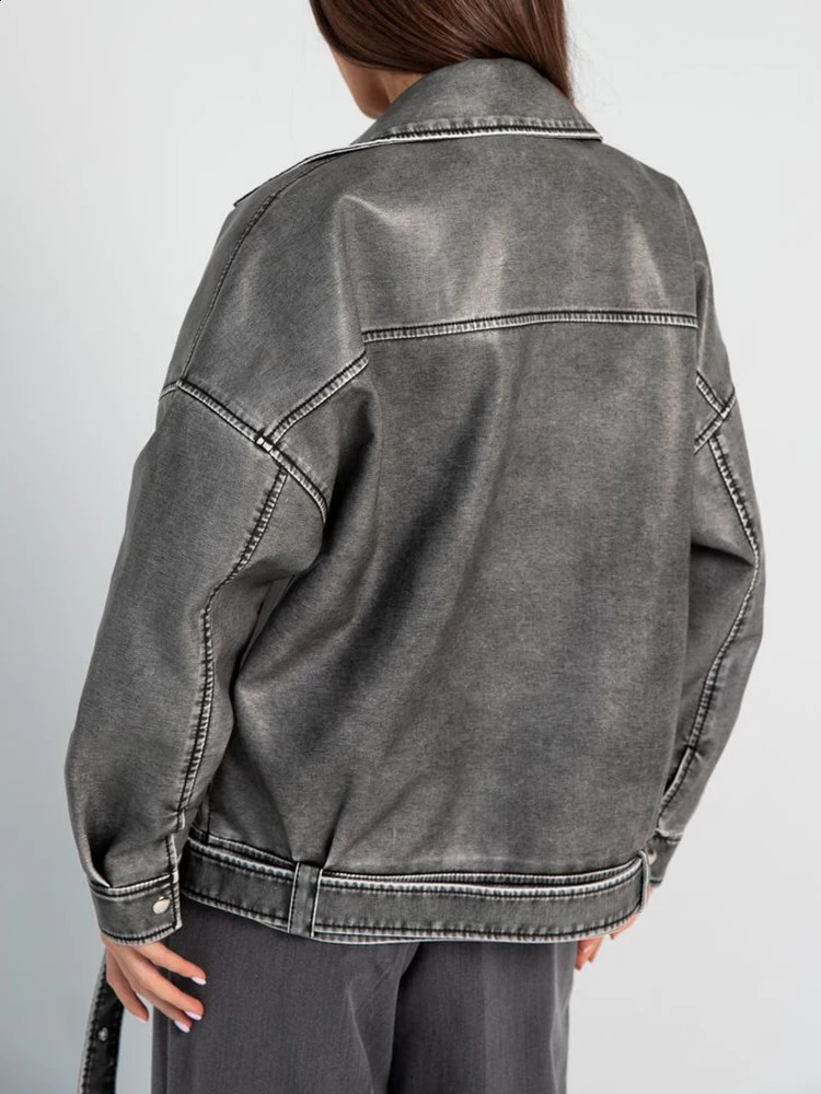 Ailegogo Spring Autumn Women Vintage Loose Faux Leather Jacket Streetwear Female Retro Zipper Belt Coat Outwear 241218