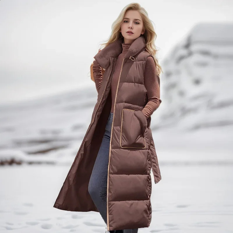 2024 Winter Long Womens Down Cotton Vest Jacket Stylish And HighEnd Plush Stand Collar Cinched Waist Slimmer Warm y241220