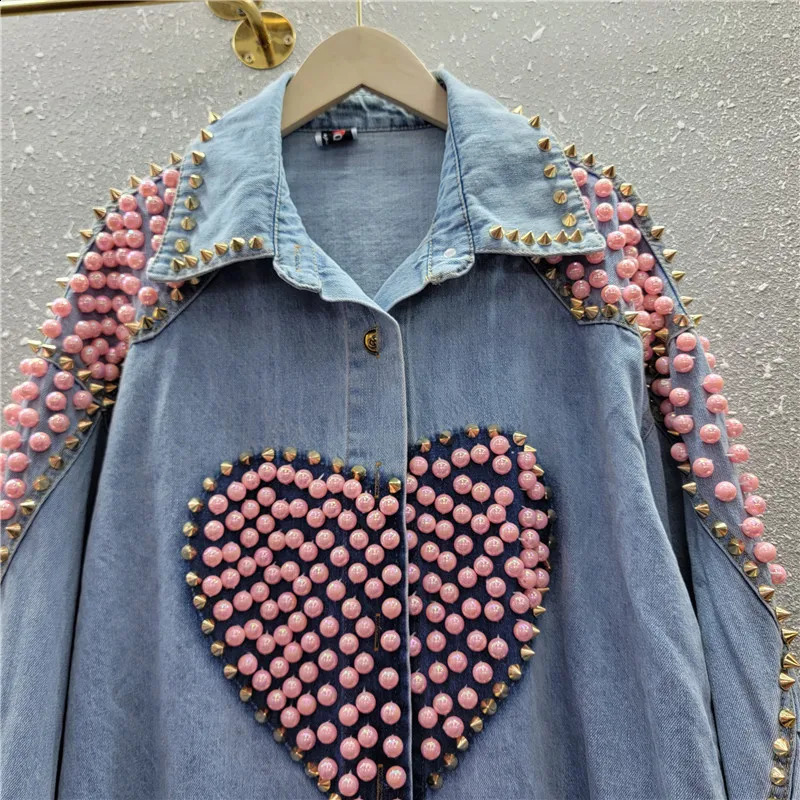 Spring Women Blue Denim Shirt Jacket Rivet Pearl Beaded Heart Pattern Casual Loose Long Sleeve Jeans Jackets Female Streetwear 241223